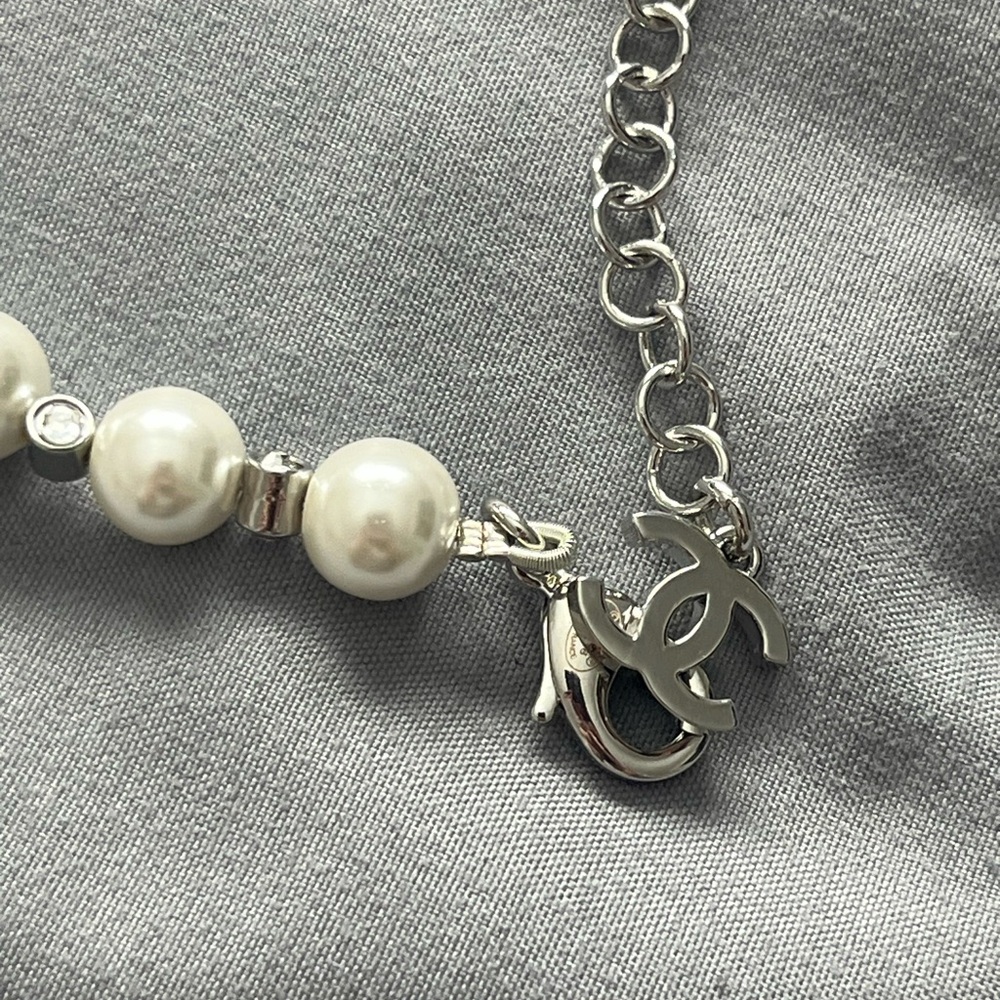 Chanel CC Crystal Pearl Bracelet Stainless Steel Faux Pearl Adjustable 6.5-9” - Picture 10 of 16